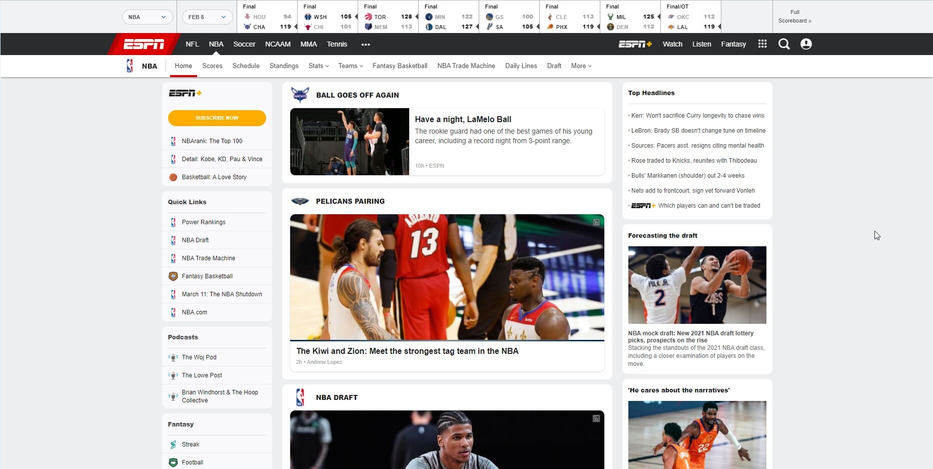 Раздел NBA на espn.com