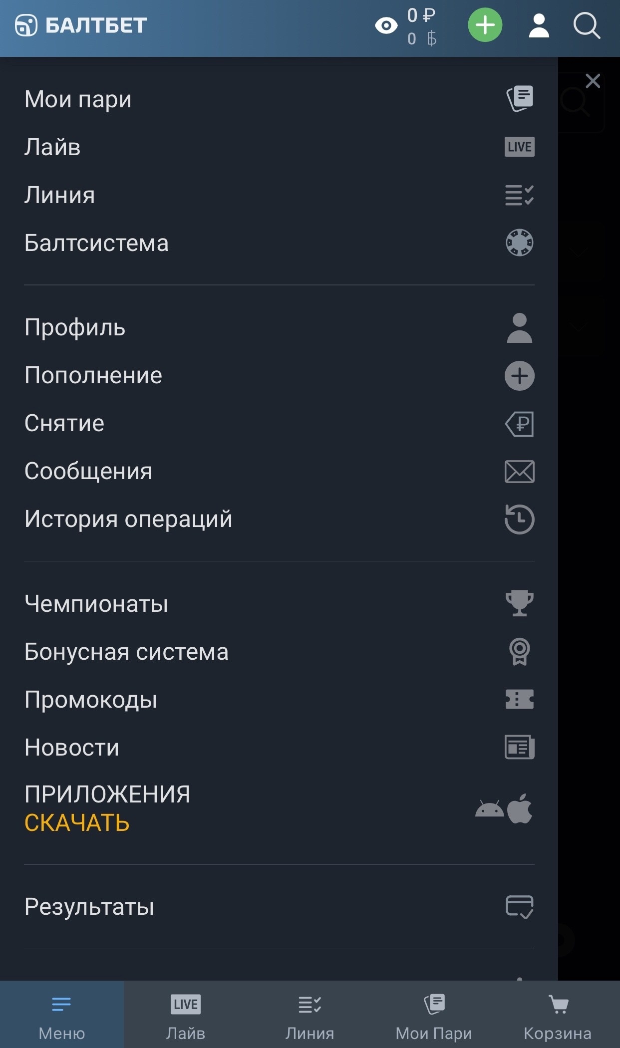 Меню мобильной версии «Балтбет»