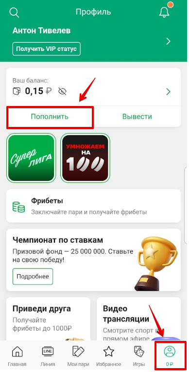 Меню «Профиль» и кнопка «Пополнить»