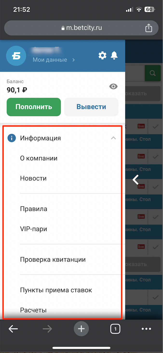 Раздел «Информация» в боковом меню