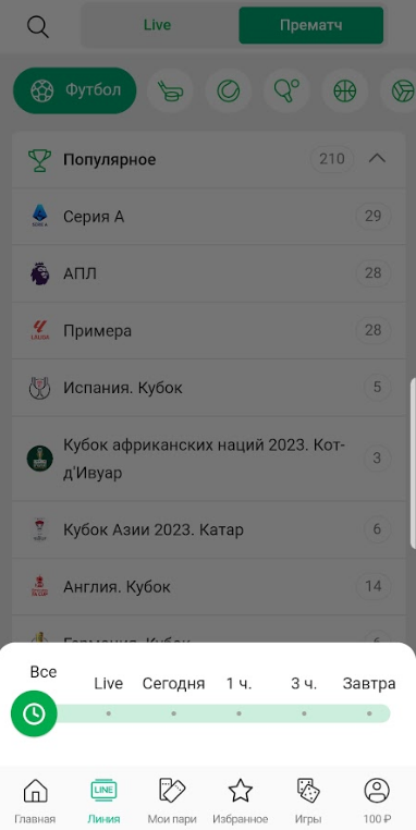 Раздел «Прематч»