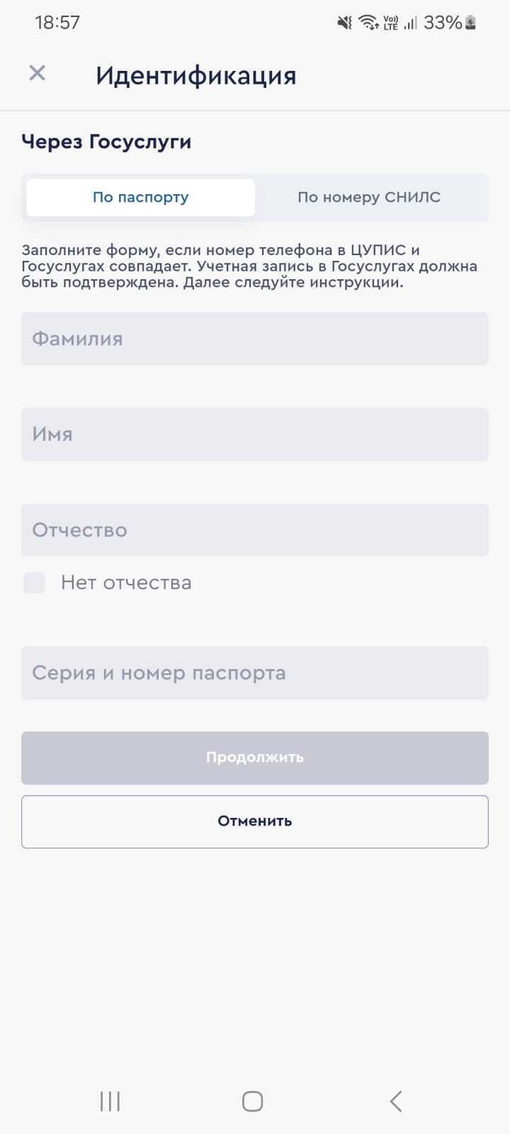 Идентификационная форма при получении полного статуса через «Госуслуги»