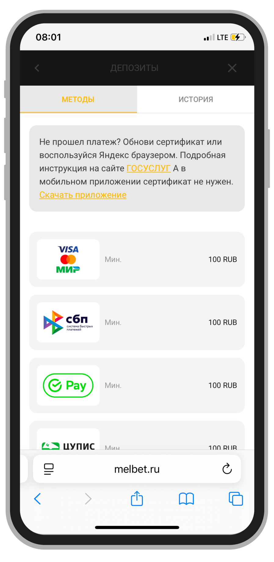 Выбор способа платежа