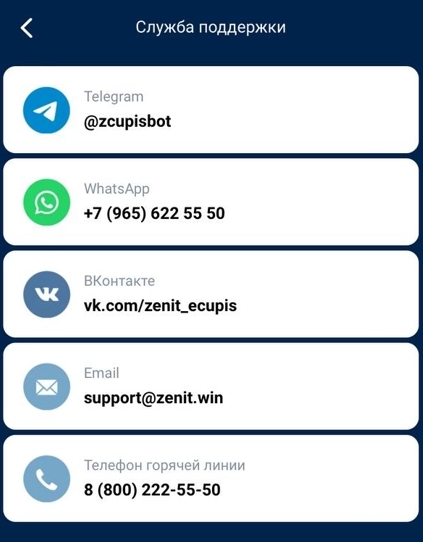 Контакты саппорта