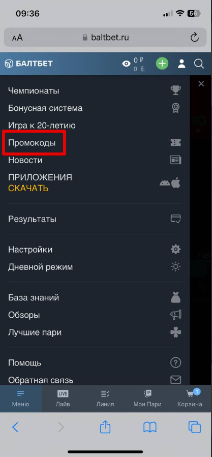 Раздел «Промокоды» в легальной букмекерской конторе