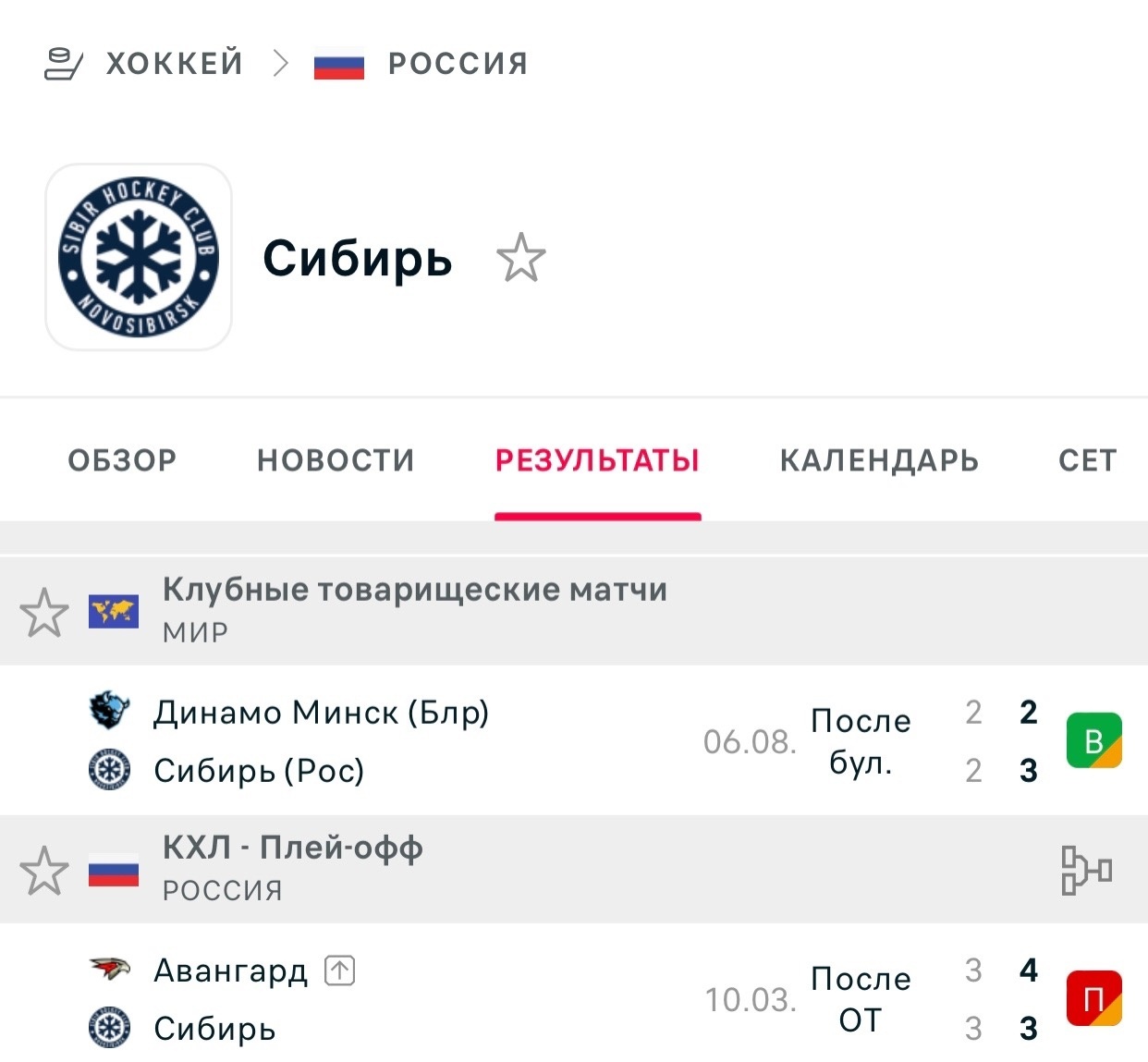 Последние встречи ХК «Сибирь»
