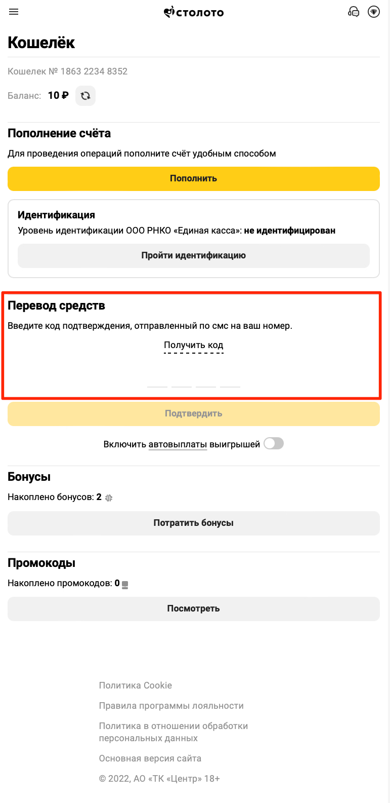 Вывод средств в разделе «Кошелёк»