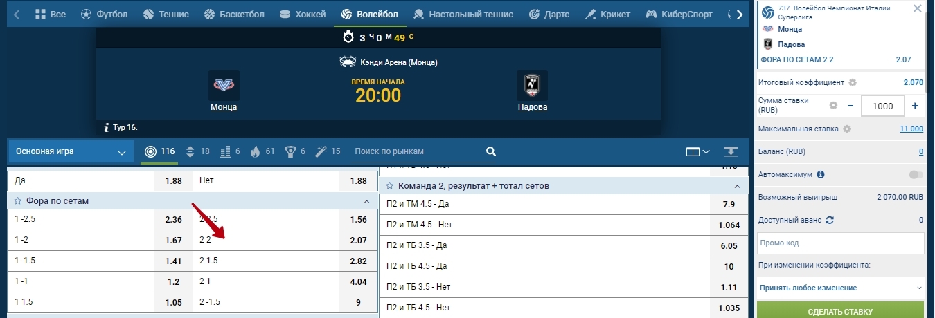 Ф2(2) по сетам с кэфом 2.07 в 1х бет