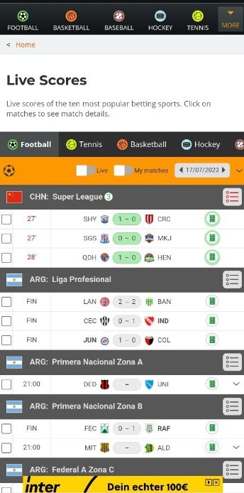 Раздел «Live scores»