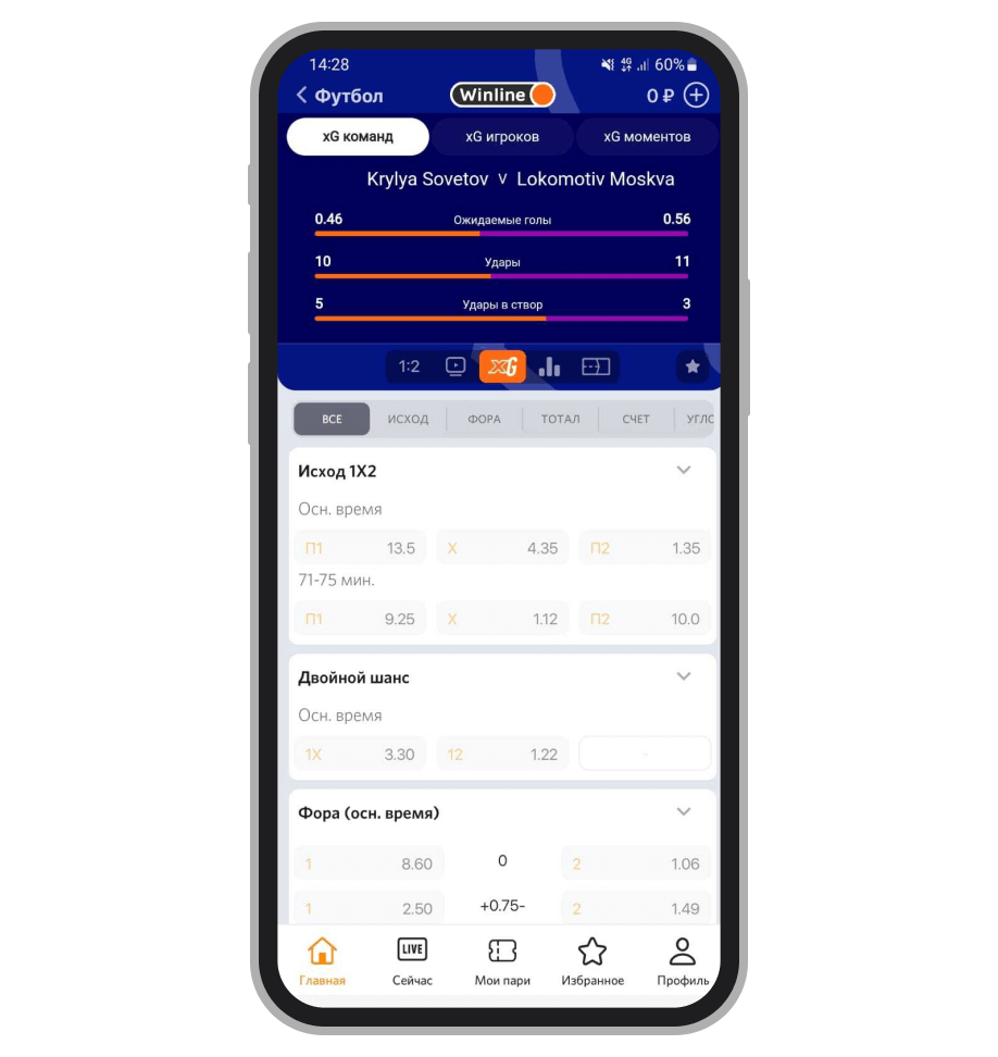 xG команд в приложении Winline